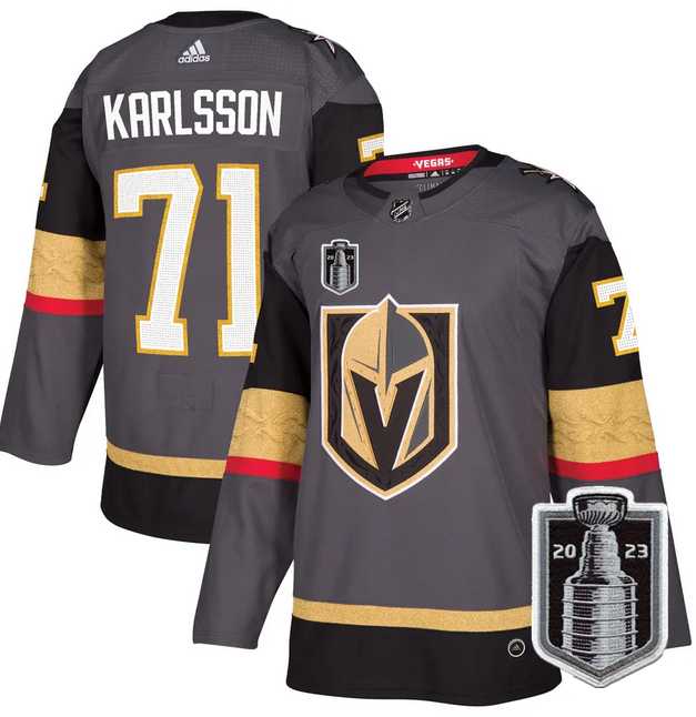 Mens Vegas Golden Knights #71 William Karlsson Gray 2023 Stanley Cup Final Stitched Jersey Dzhi->vegas golden knights->NHL Jersey